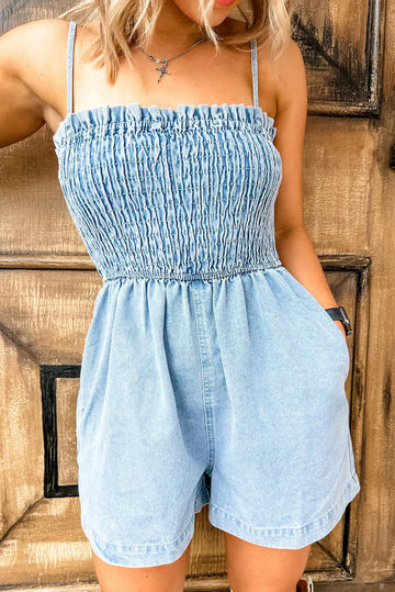 Beau Blue Spaghetti Strap Smocked Denim Romper - eAura