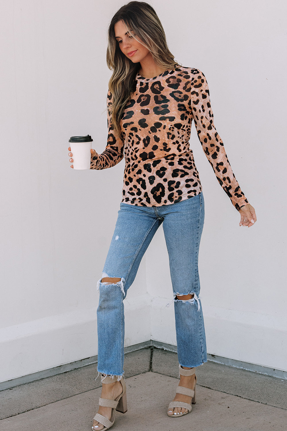 Brown Leopard Round Neck Long Sleeve Slim Top eAura
