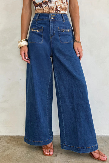 Decor Patched Pockets Wide Leg Jeans
