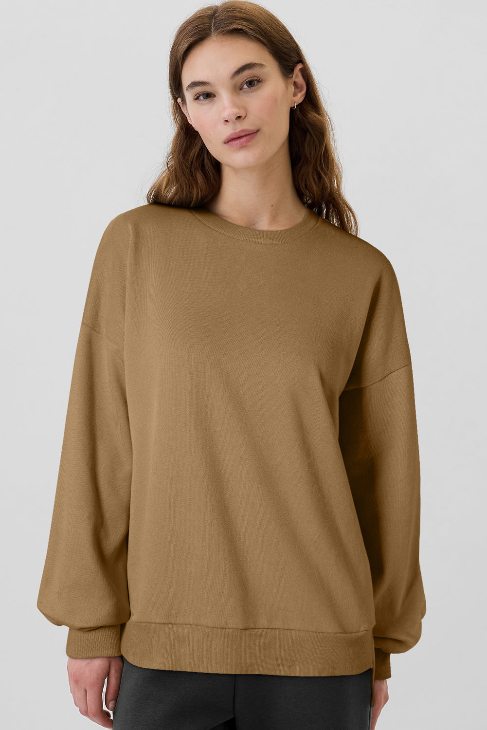 Camel Solid Fleece Lined Drop Shoulder High Low Sweatshirt eAura