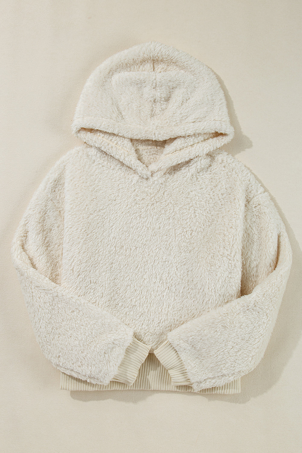 White Contrast Ribbed Edge Plush Hoodie eAura