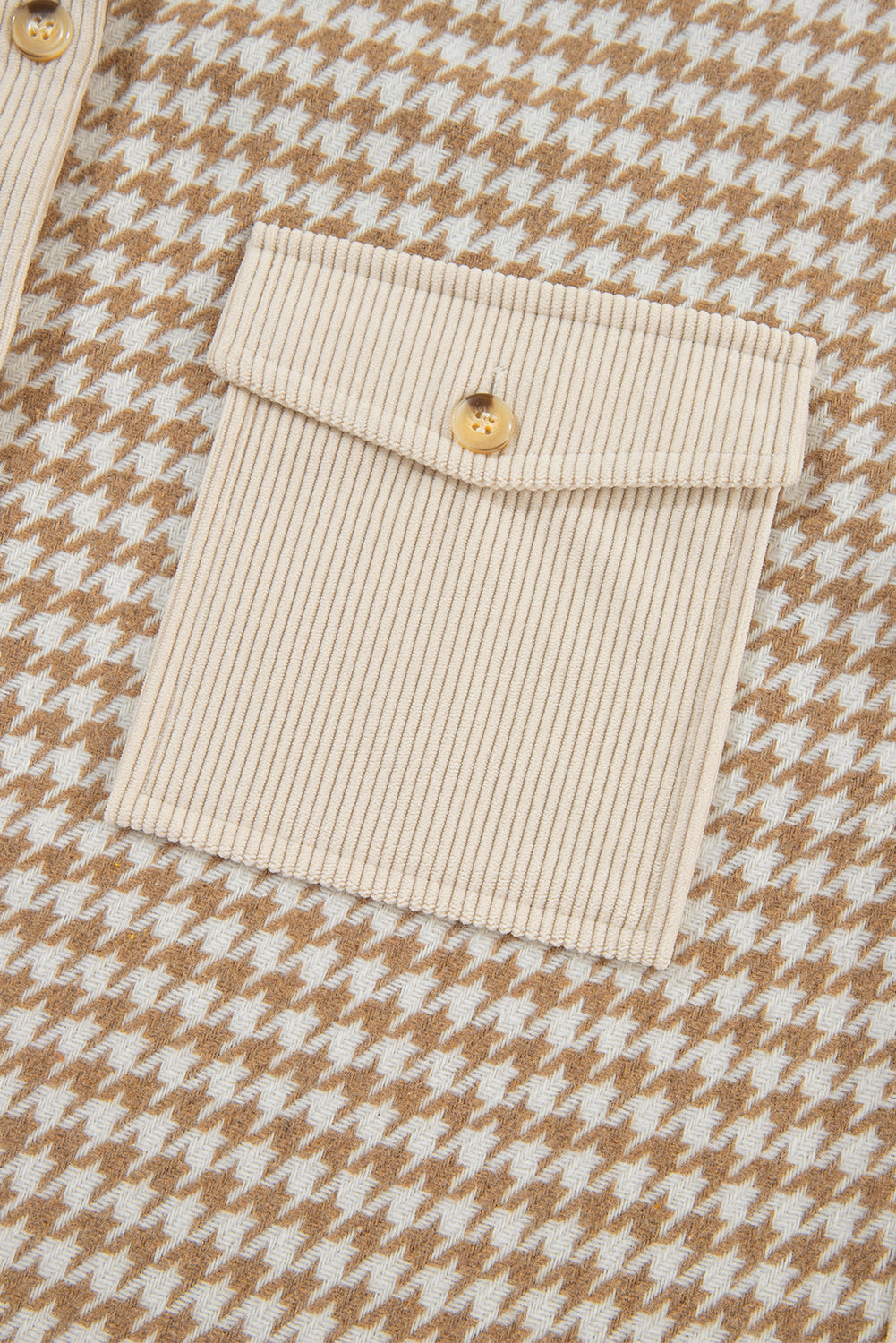 Parchment Houndstooth Corduroy Patchwork Flap Pocket Shacket Beagle Boutique Fashion Outlet