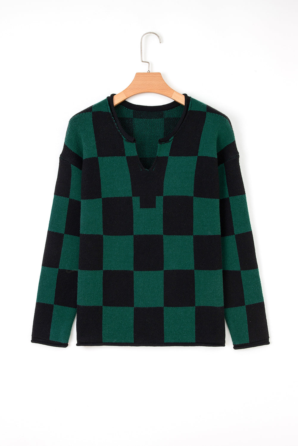 Checked Notched Neckline Drop Shoulder Knit Sweater eAura