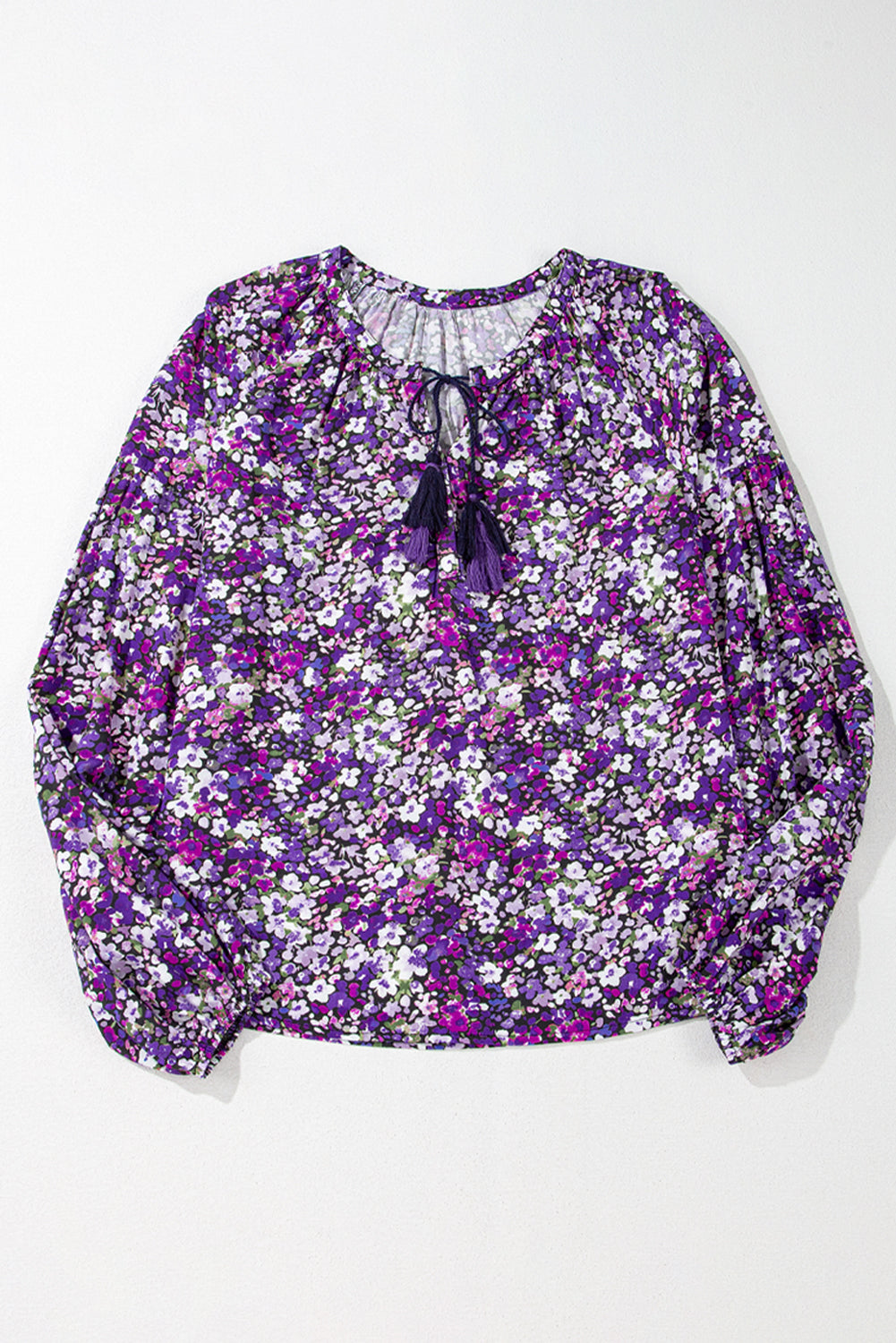 Purple Boho Flower Split V Neck Bubble Sleeve Blouse eAura