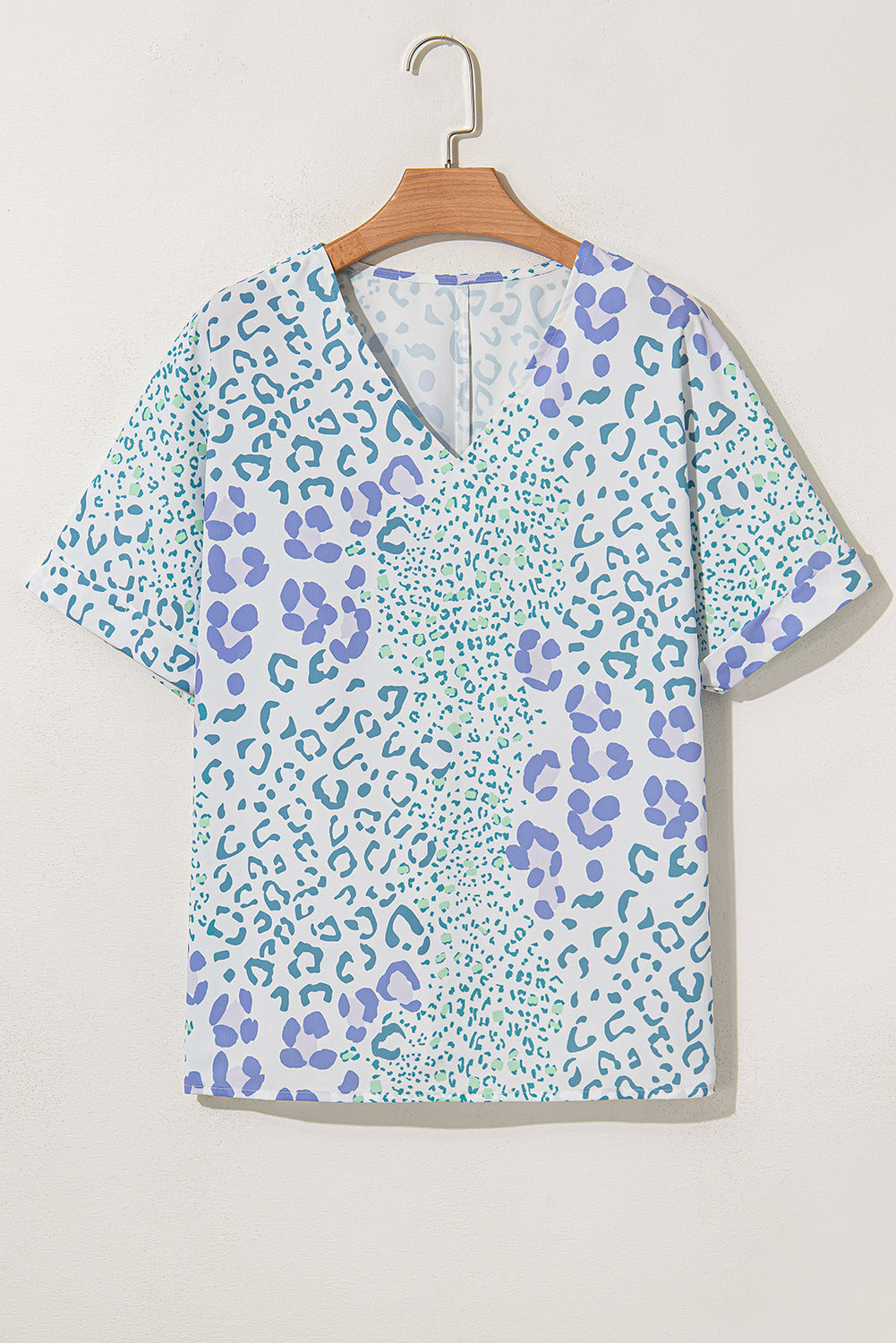Sky Blue Mixed Leopard Print V Neck Short Sleeve Blouse eAura