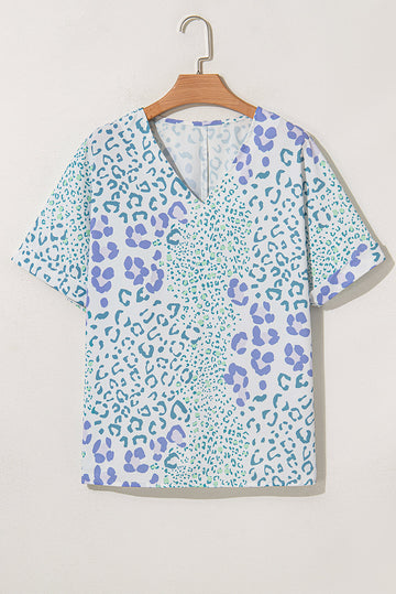 Sky Blue Mixed Leopard Print V Neck Short Sleeve Blouse eAura