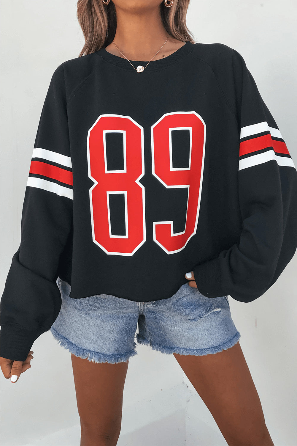 Black Varsity Spirit Striped 89 Graphic Casual Sweatshirt eAura