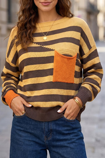 Striped Drop Shoulder Colorblock Pullover Sweater – Brown Stripe