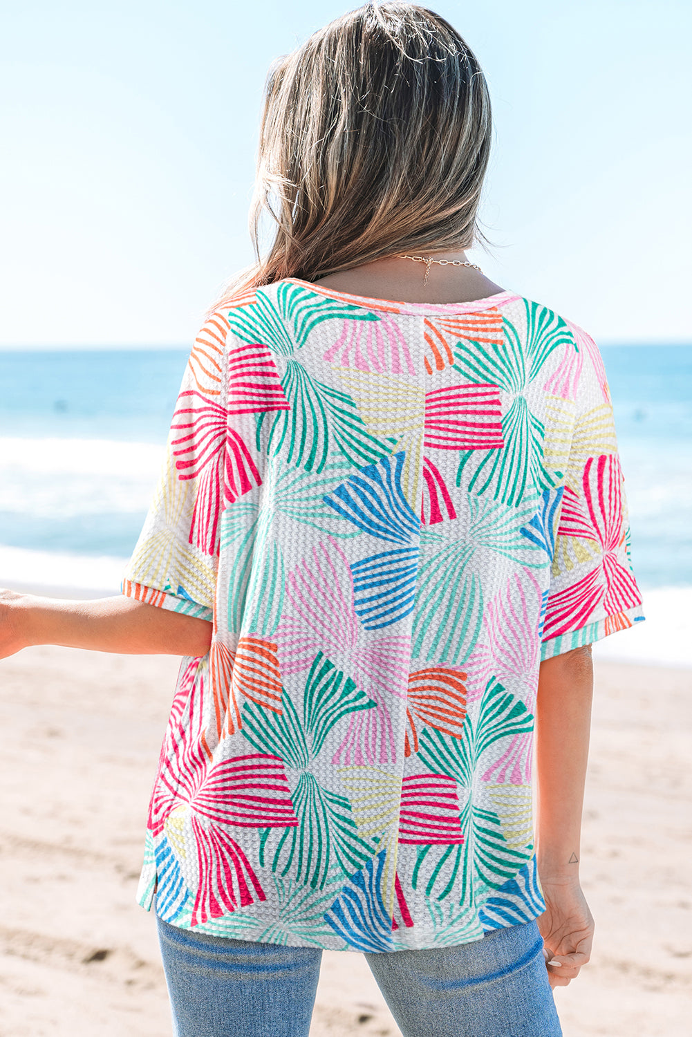 Bowknot Print Waffle Crewneck Loose Short Sleeve Top eAura
