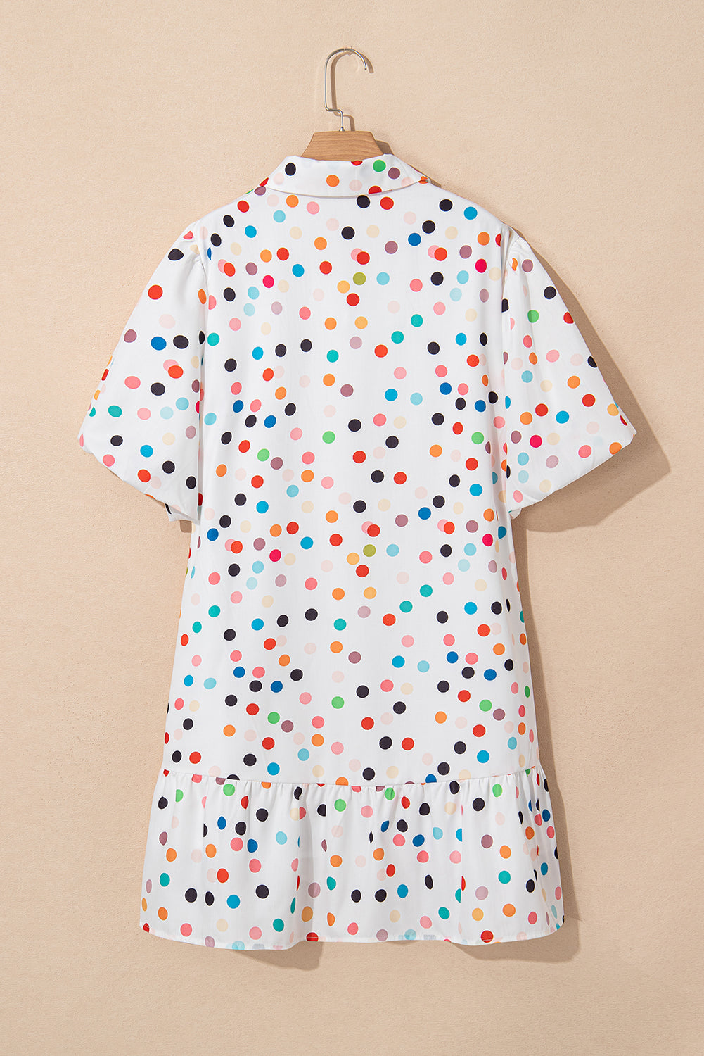 White Polka Dot Print Bubble Sleeve Button Up Plus Size Shirt Dress BB Fashion Outlet