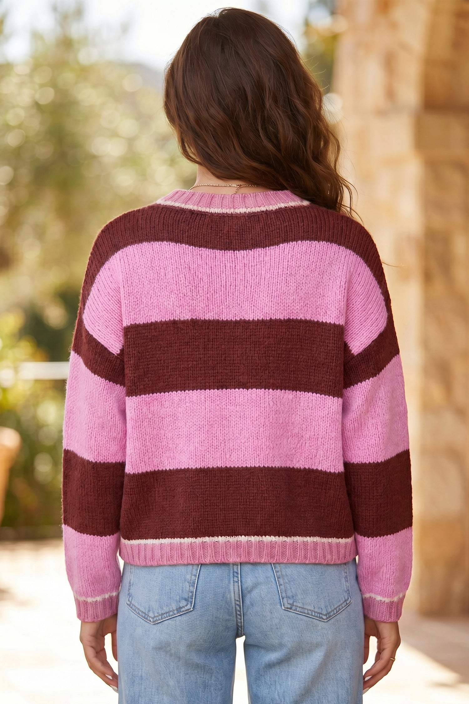 Striped Drop Shoulder Long Sleeve Pullover Regular Fit Knit Sweater – Pink Stripe