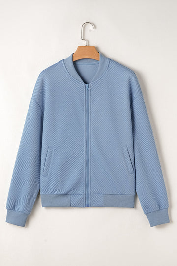 Solid Textured Stand Neck Zipper Bomber Jacket - Outerwear/Jackets