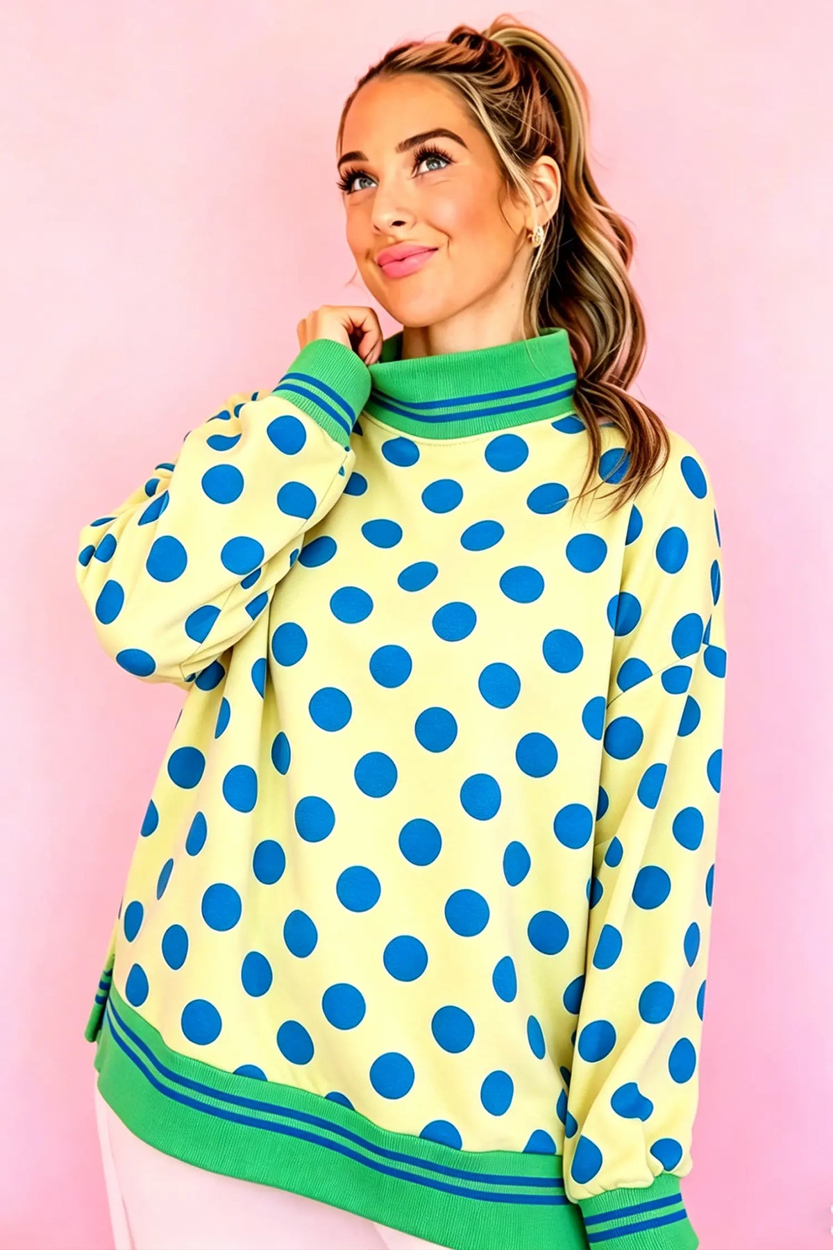 Mock Neck Sweatshirt - Polka Dot Striped Trim