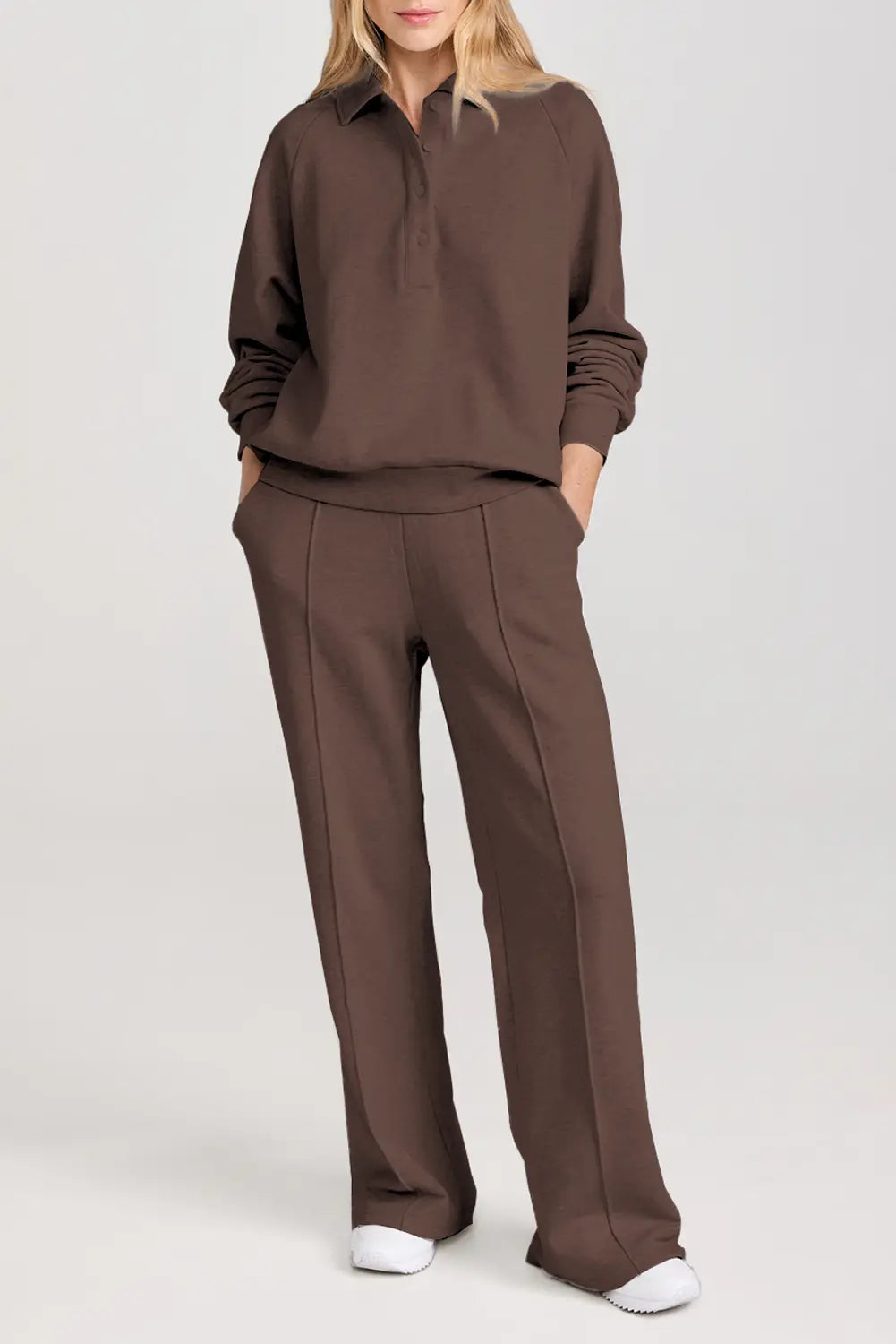 Solid Collared Sweatshirt and High Waist Pants Active Set
