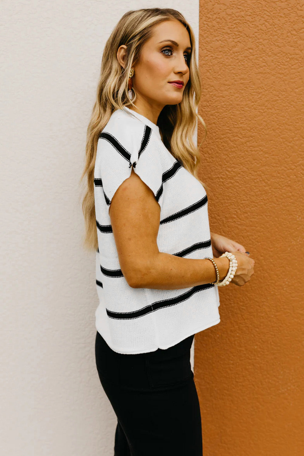 White Striped Batwing Sleeve Sweater Tee eAura