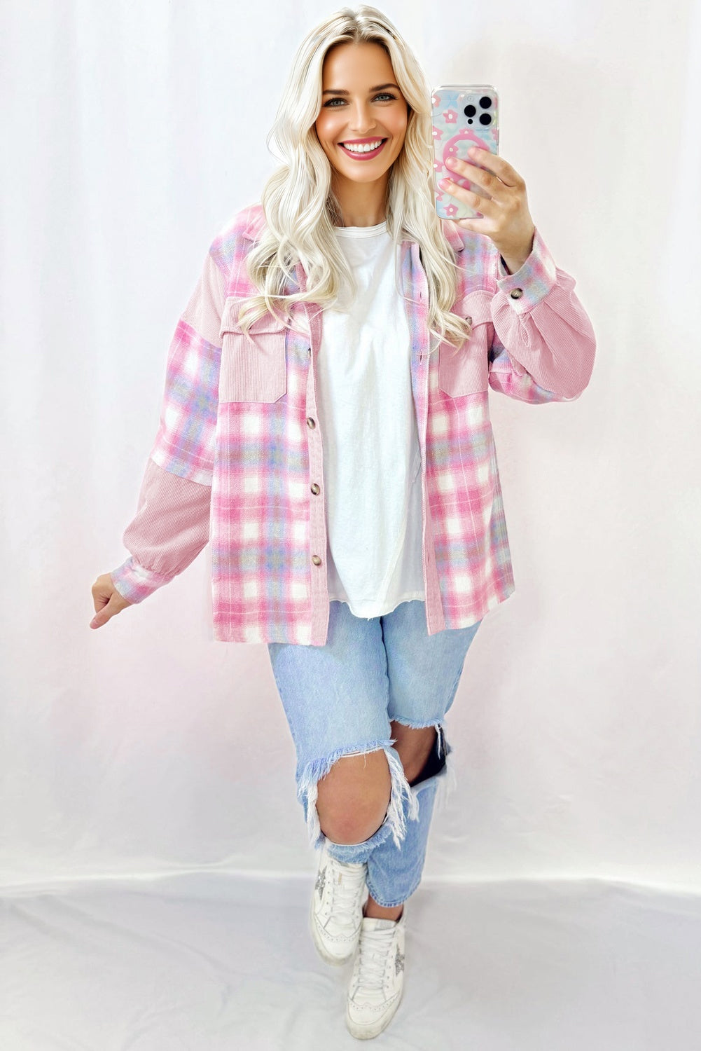Pink Brushed Plaid Ribbed Flap Pockets Patchwork Shacket eAura