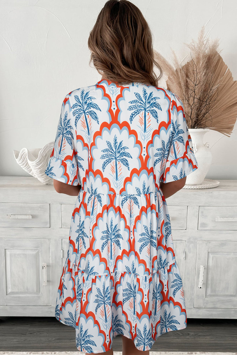 Palm Tree Printed Short Sleeve Flowy Dress - eAura