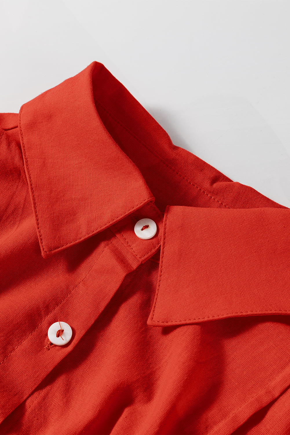 Tomato Red Bishop Sleeve Button Up Pleated Mini Shirt Dress eAura