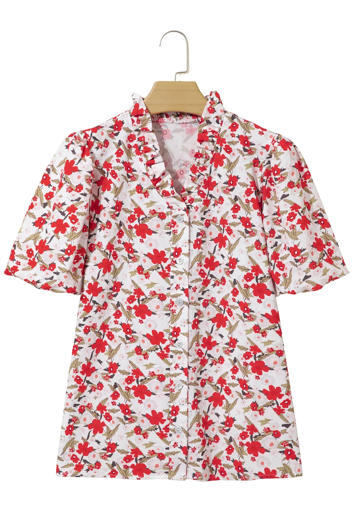 Floral Print Short Puff Sleeve Button Front Shirt