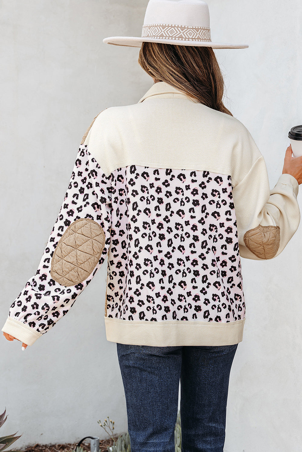 Khaki Leopard Waffle Quilted Patchwork Button Front Jacket eAura