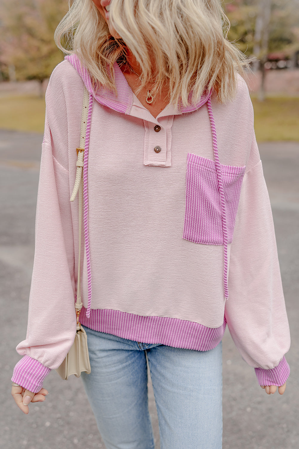 Light Pink Ribbed Colourblock Patch Pocket Drawstring Hooded Top eAura