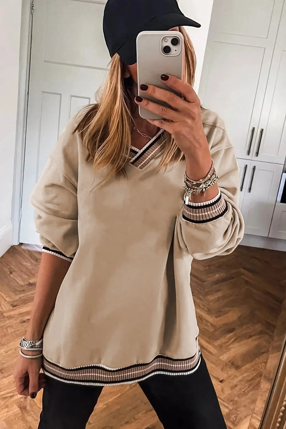 Varsity Contrast Striped Trim V-Neck Sweatshirt - Beige / S - Tops/Sweatshirts & Hoodies