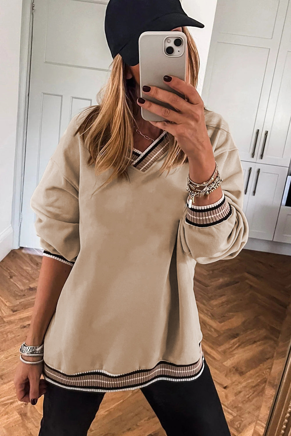 Grey Varsity Contrast Striped Trim V-Neck Sweatshirt - eAura