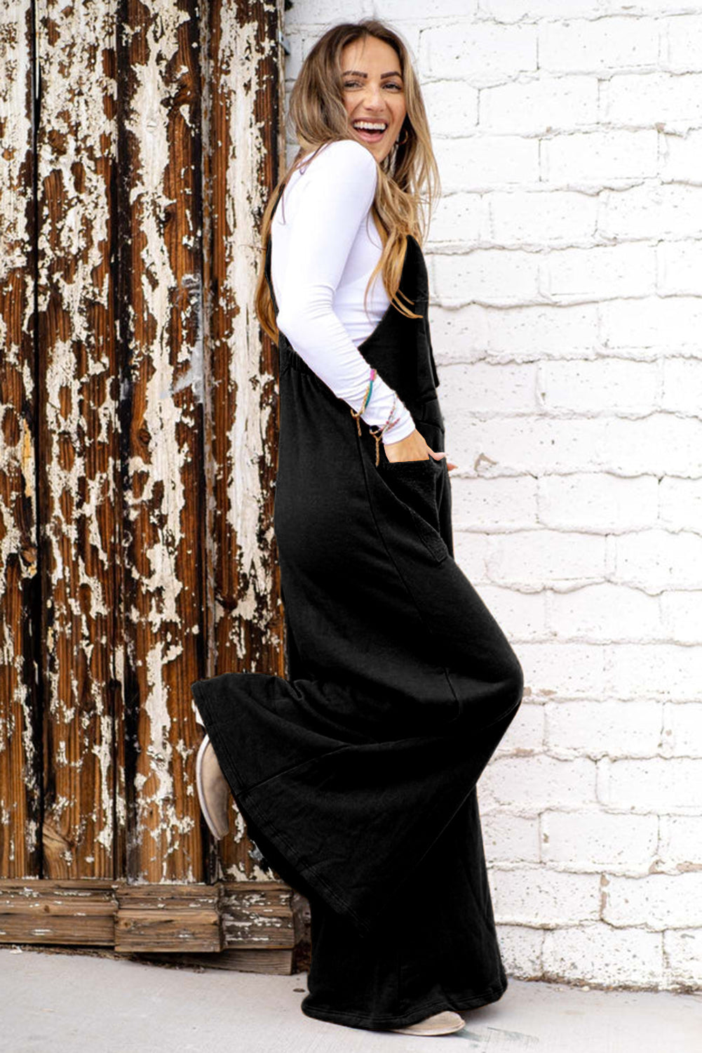 Black Knotted Straps Patch Pocket Wide Leg Jumpsuit eAura