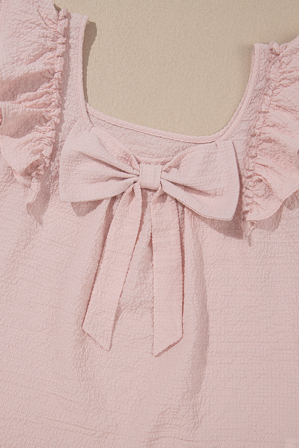Gossamer Pink Textured Bow Knot Frilled Butterfly Sleeve Blouse eAura