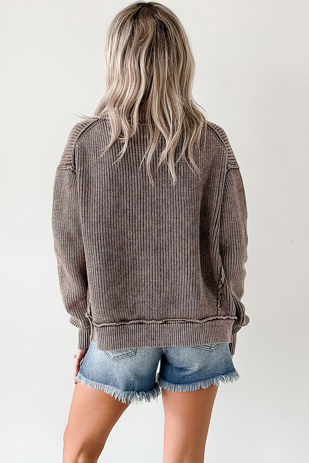 Mineral Wash Exposed Seam Patchwork Knit Open Sweater Cardigan - eAura