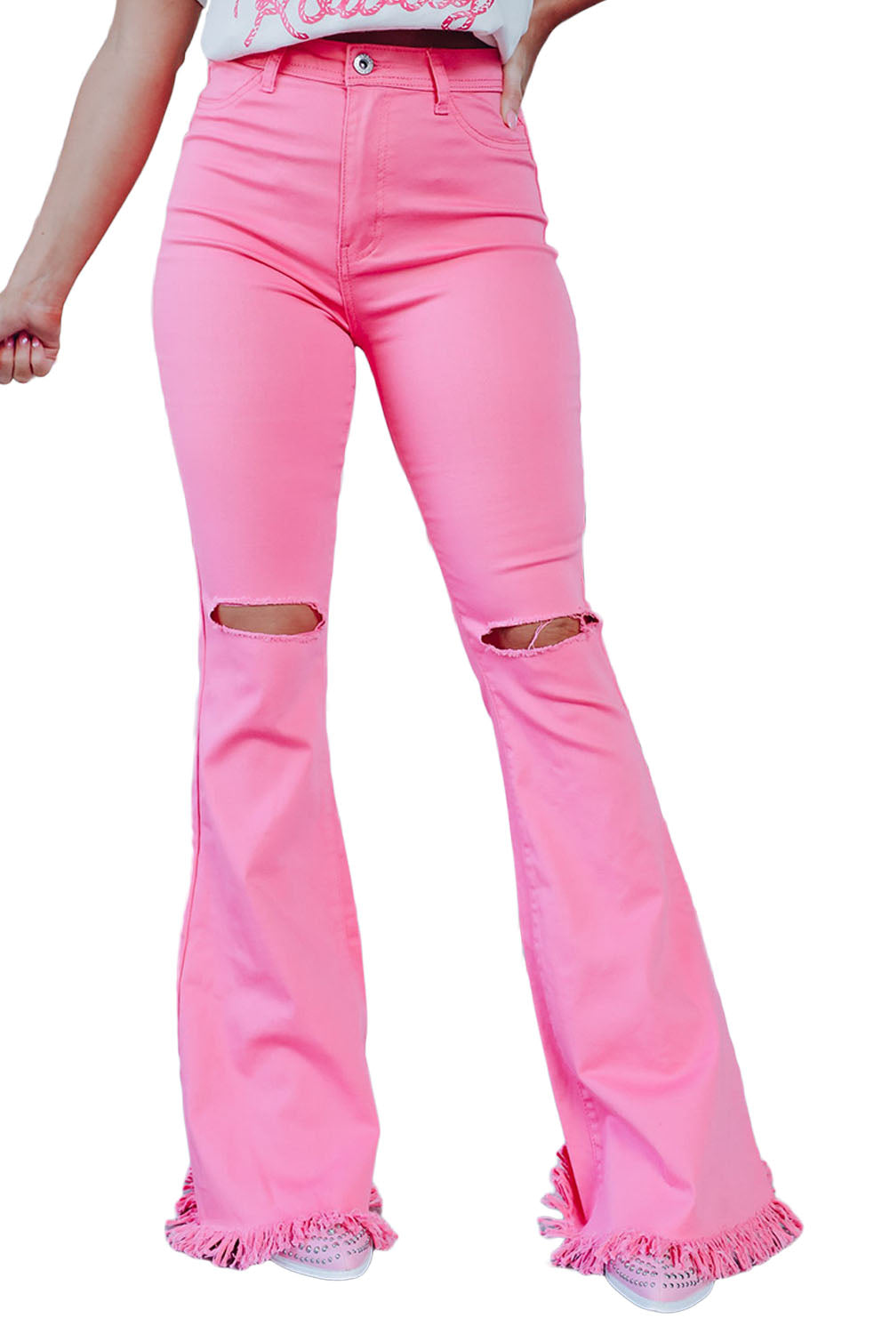 Pink Vintage High Waist Flare Leg Ripped Raw Hem Jeans Beagle Boutique Fashion Outlet