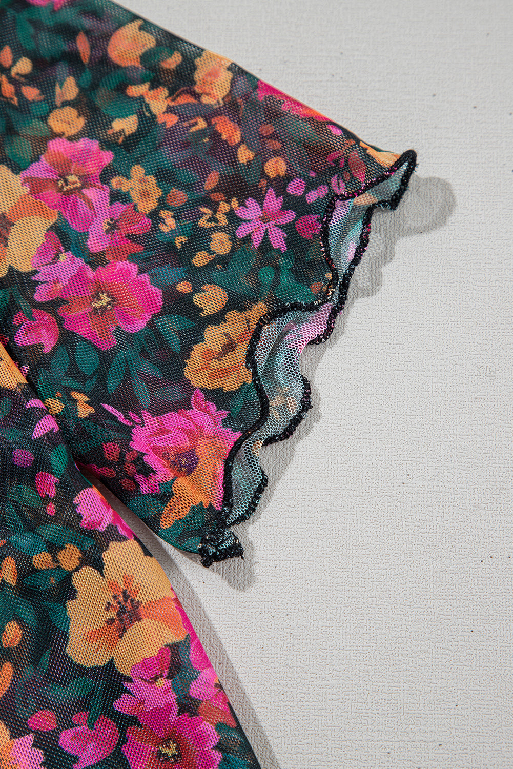 Rose Floral Print Mesh Stand Neck Short Sleeve Top eAura