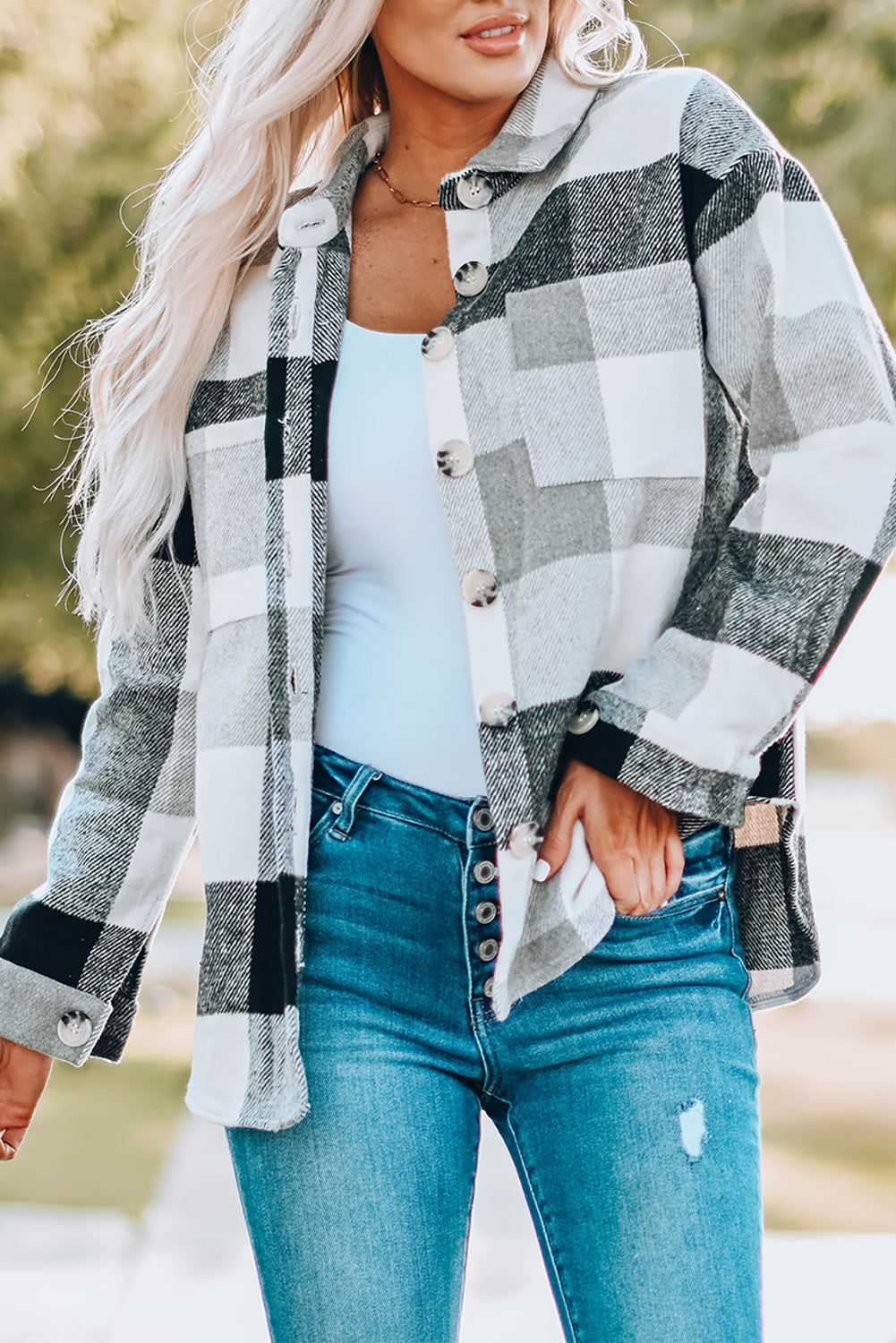 Khaki Plaid Colour Block Buttoned Long Sleeve Jacket with Pocket Beagle Boutique Fashion Outlet
