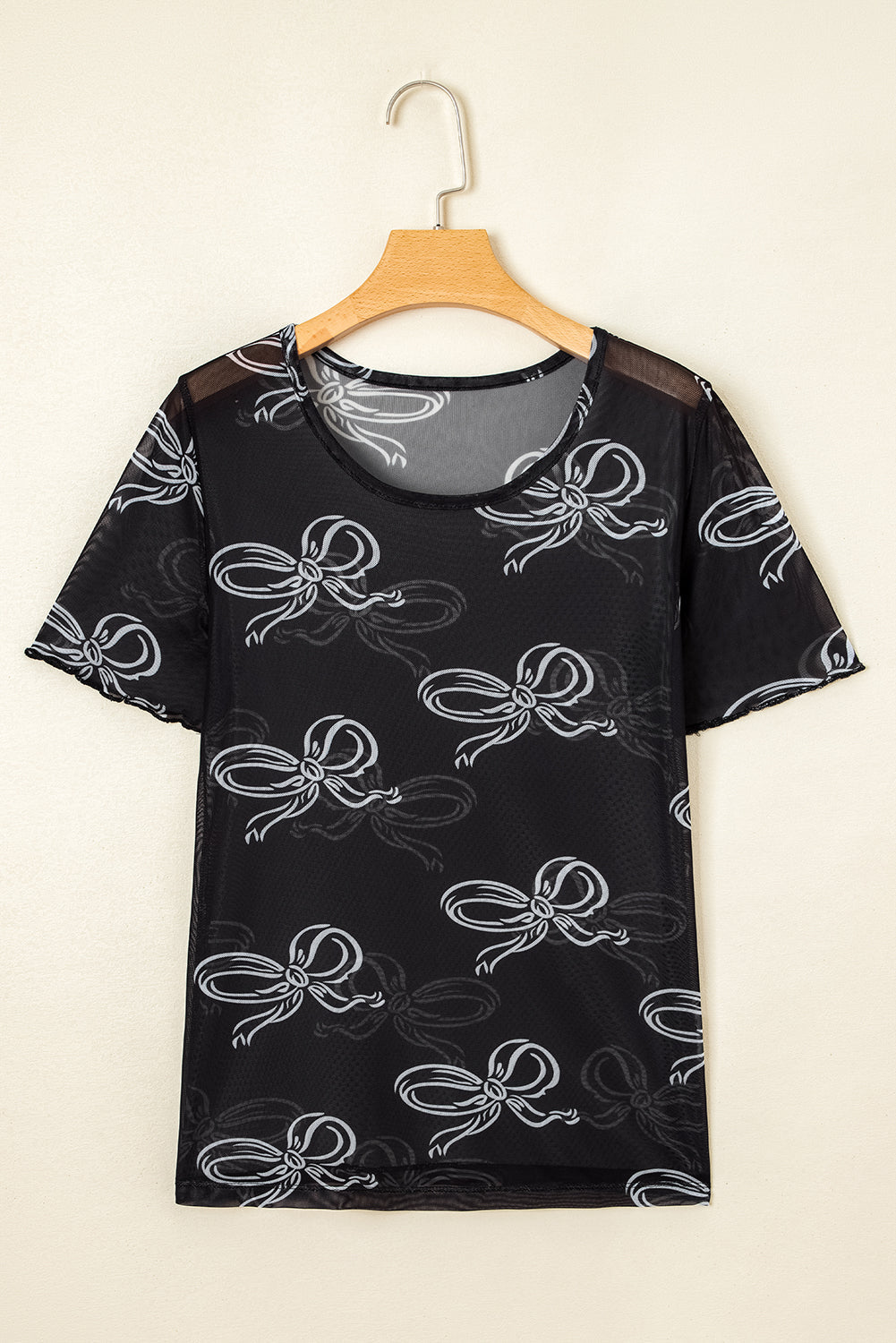 Black Bow Printed Mesh Short Sleeve Top eAura