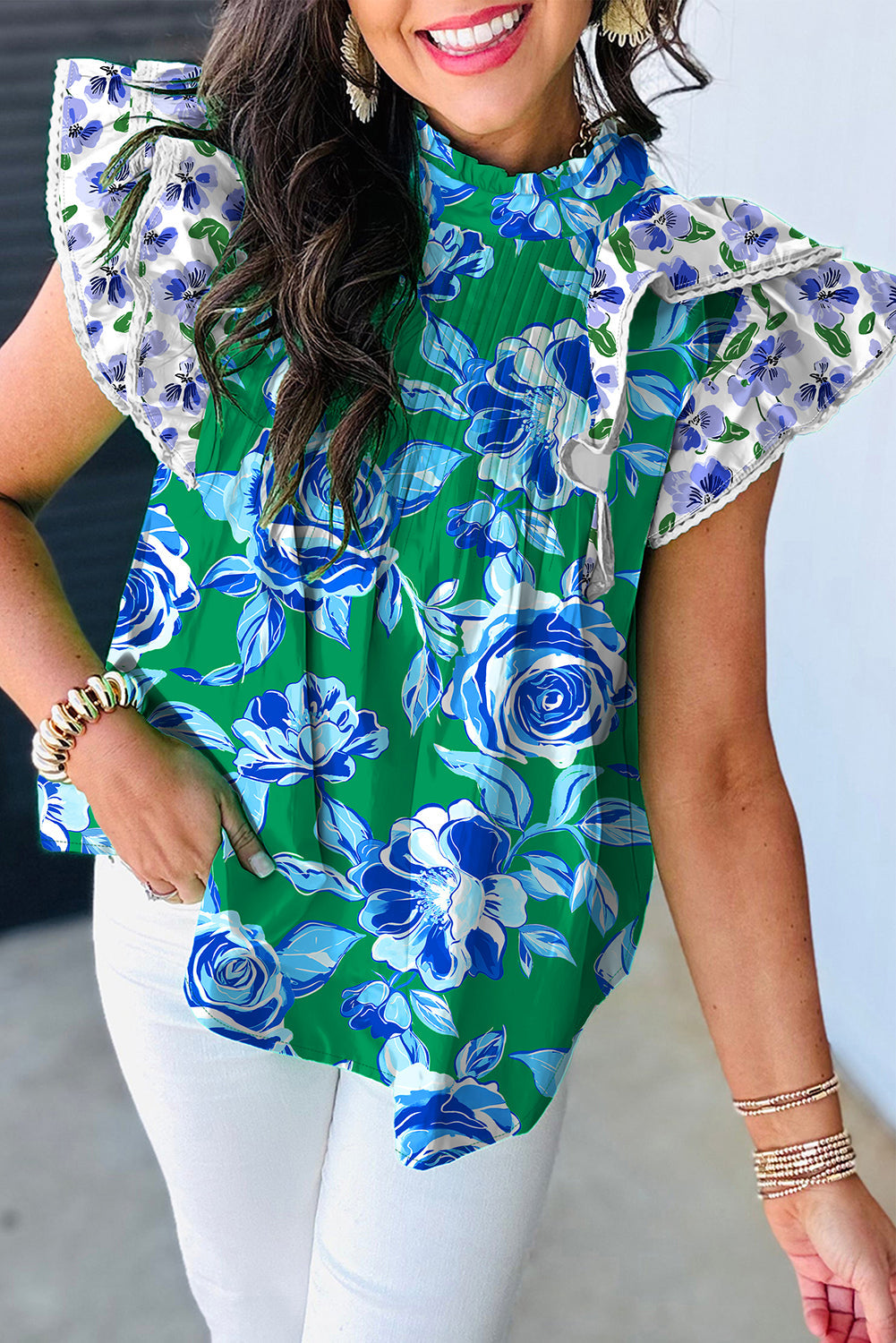 Green Floral Print Lace Trim Contrast Ruffle Sleeve Pleated Loose Blouse eAura