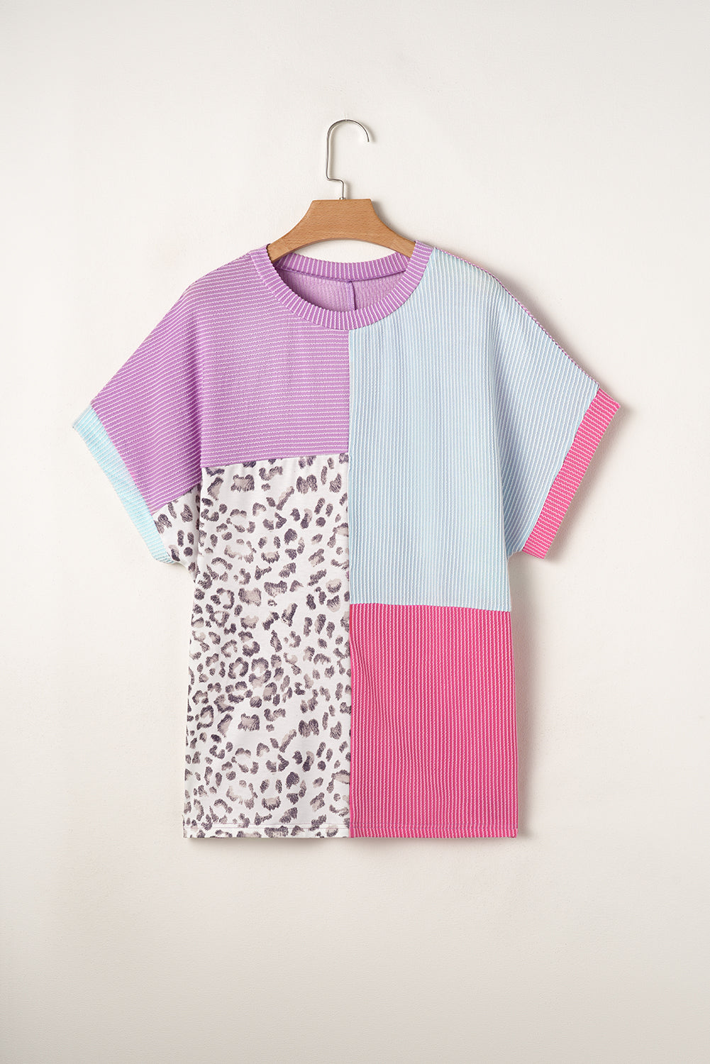 Rose Red Leopard Colourblock Patchwork Ribbed Knit Plus Size T Shirt - Size/Plus Tops/Plus Tops & Tees