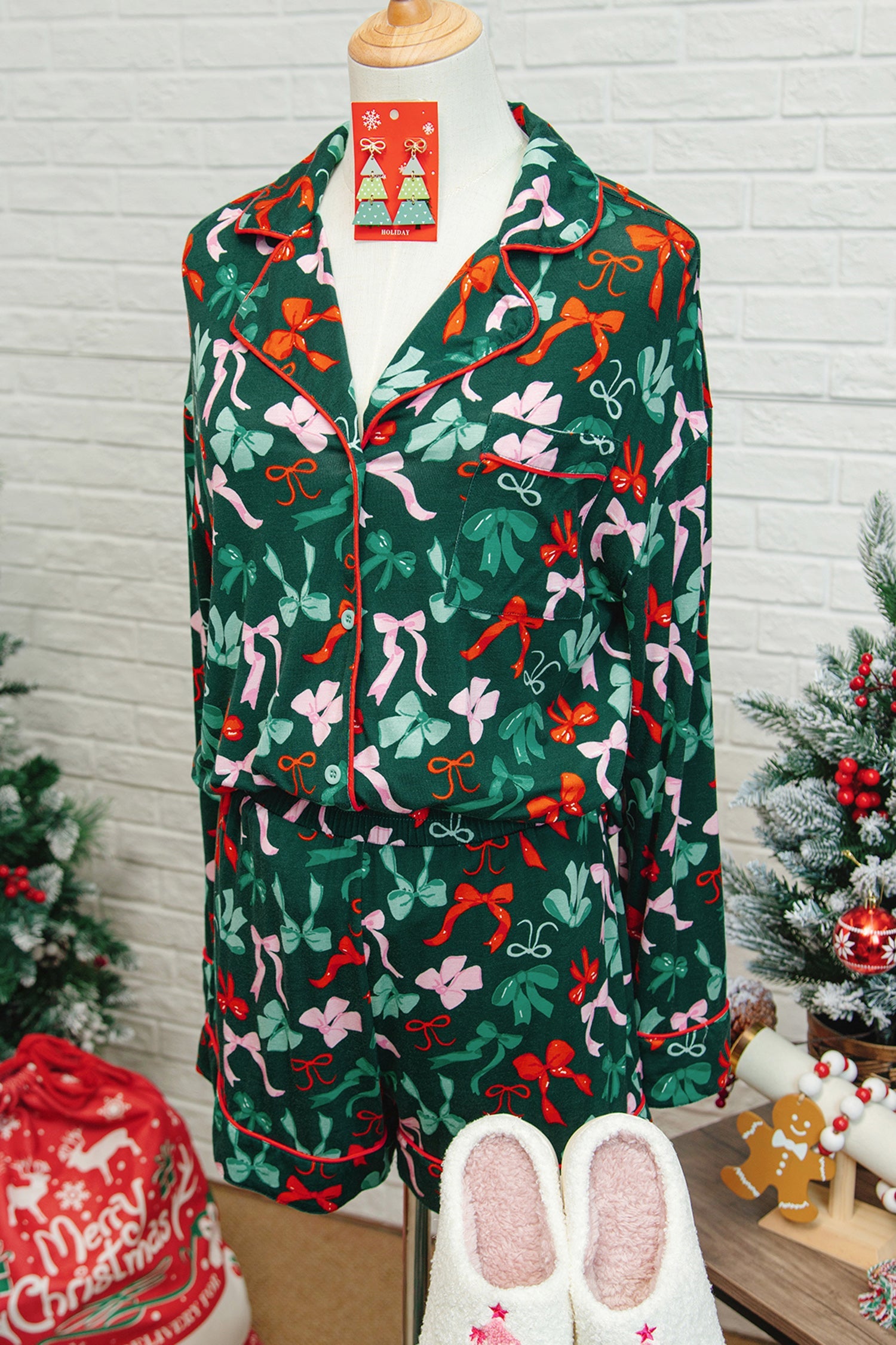 Festive Bow Print Long Sleeve Shirt and Pyjama Short Set - eAura