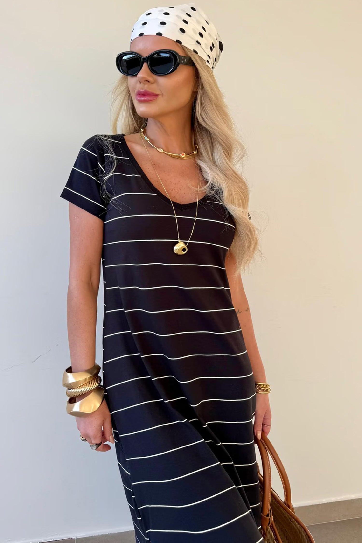 Stripe Side Slit Maxi T-Shirt Dress – Short Sleeve