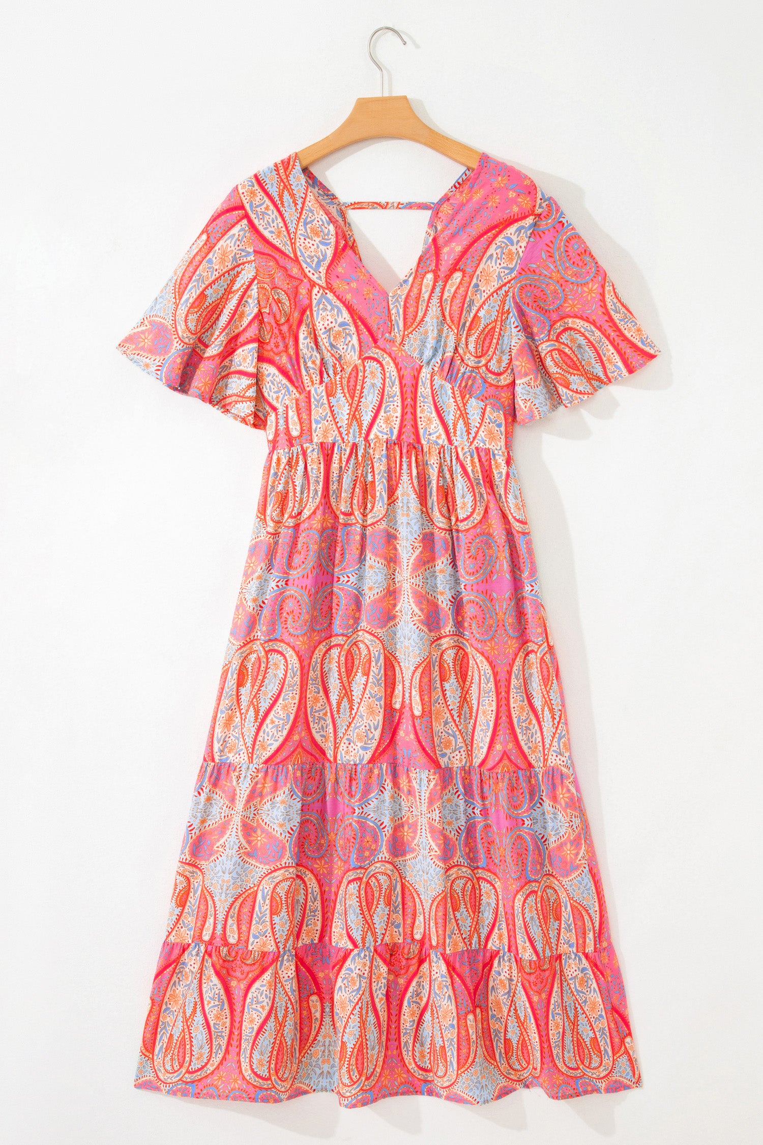 Paisley Print V-Neck Short Sleeve Boho Maxi Dress with Ruffle Details – Multicolour