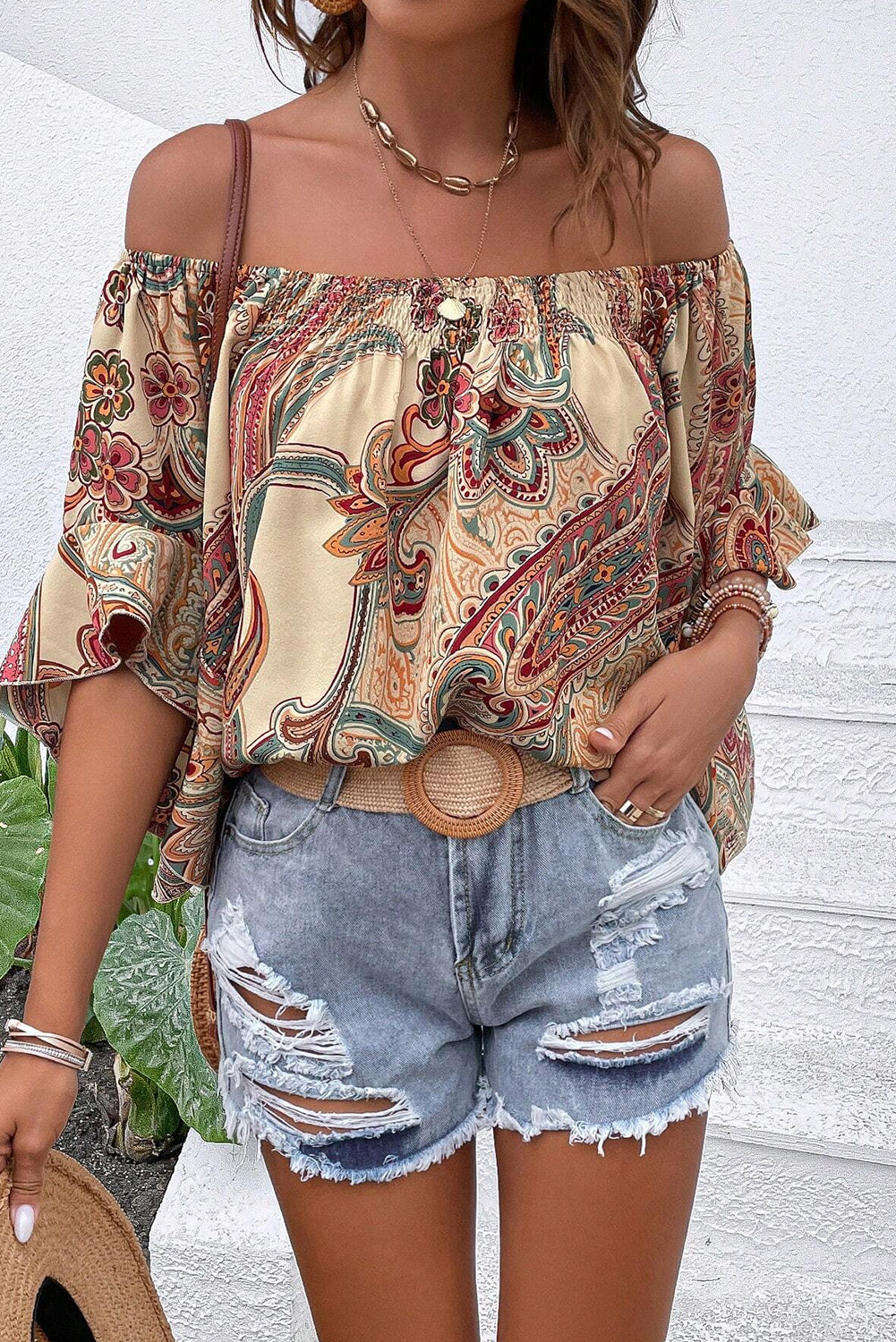 Apricot Paisley Printed Shirred Off Shoulder Ruffled Draped Sleeve Blouse eAura