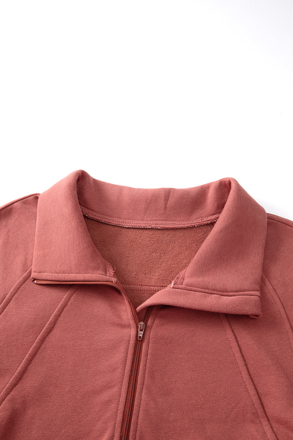 Brown Fleece Lined Zip Up Stand Collar Thumbhole Sleeve Sweatshirt eAura