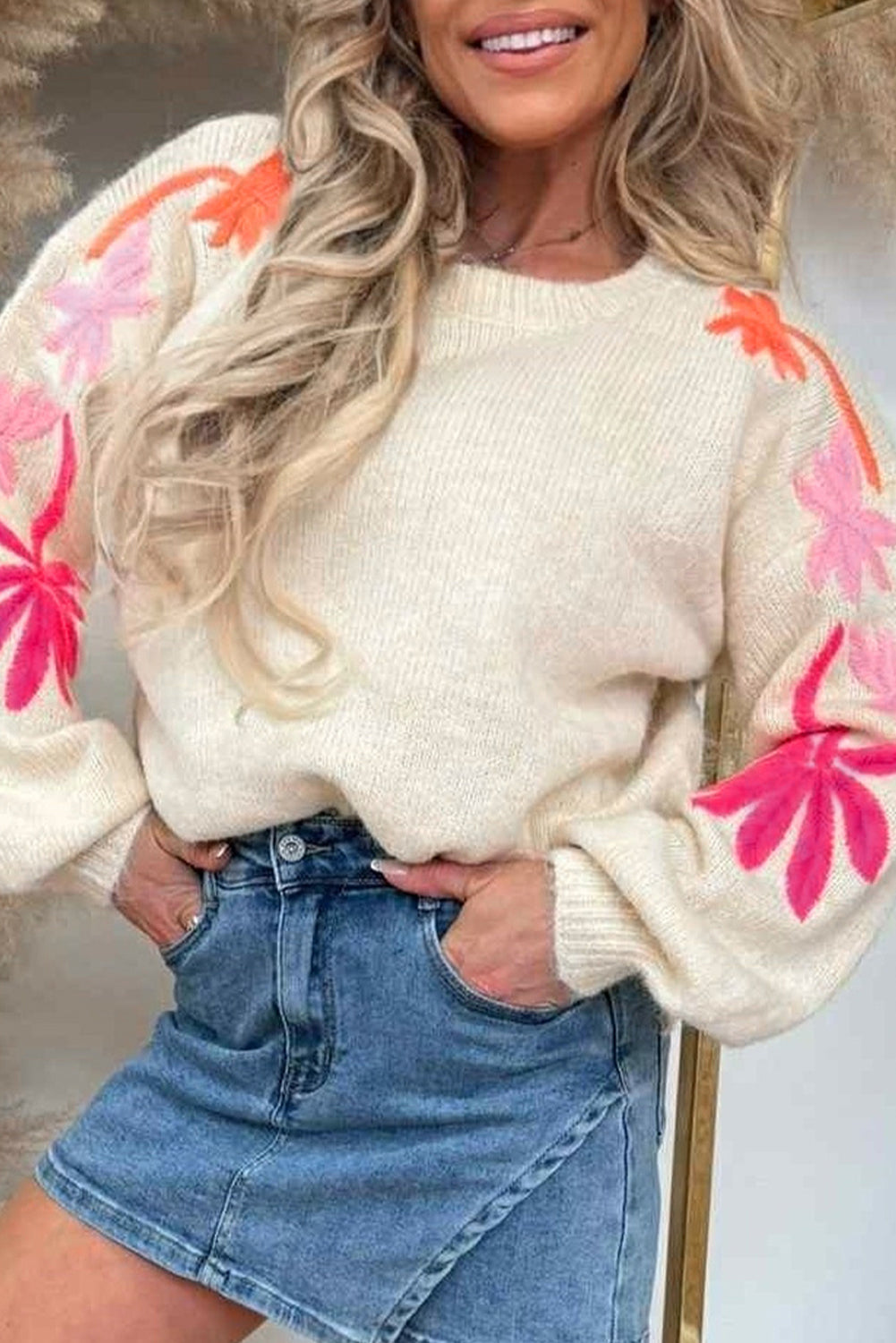 Embroidered Floral Sleeve Round Neck Loose Sweater eAura