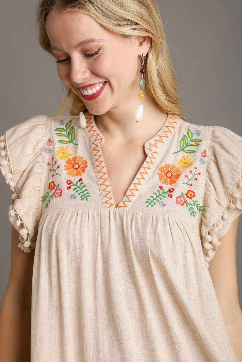 Jet Stream Linen Embroidery Split Neck Pom Pom Ruffle Sleeves Flowy Short Dress eAura