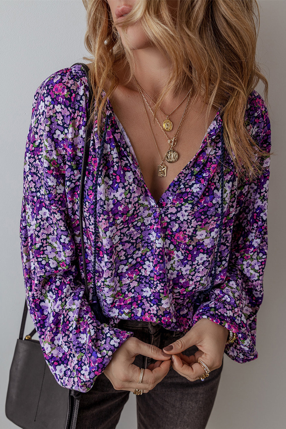 Purple Boho Flower Split V Neck Bubble Sleeve Blouse eAura