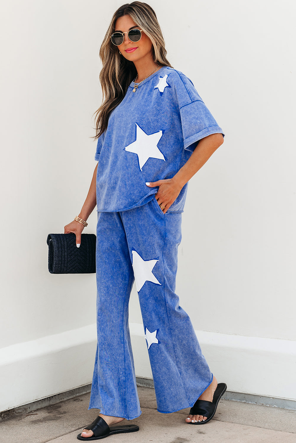 Ashleigh Blue Acid Wash Star Patched Rolled Trim Trousers Co-ord eAura