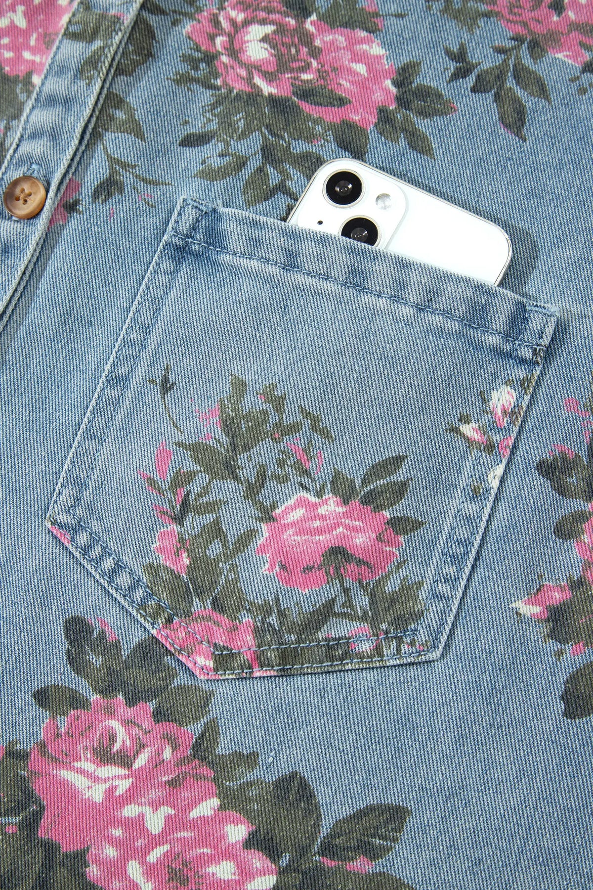 Sky Blue Floral Print Raw Seam Ruffle Hem Denim Jacket – Light Blue