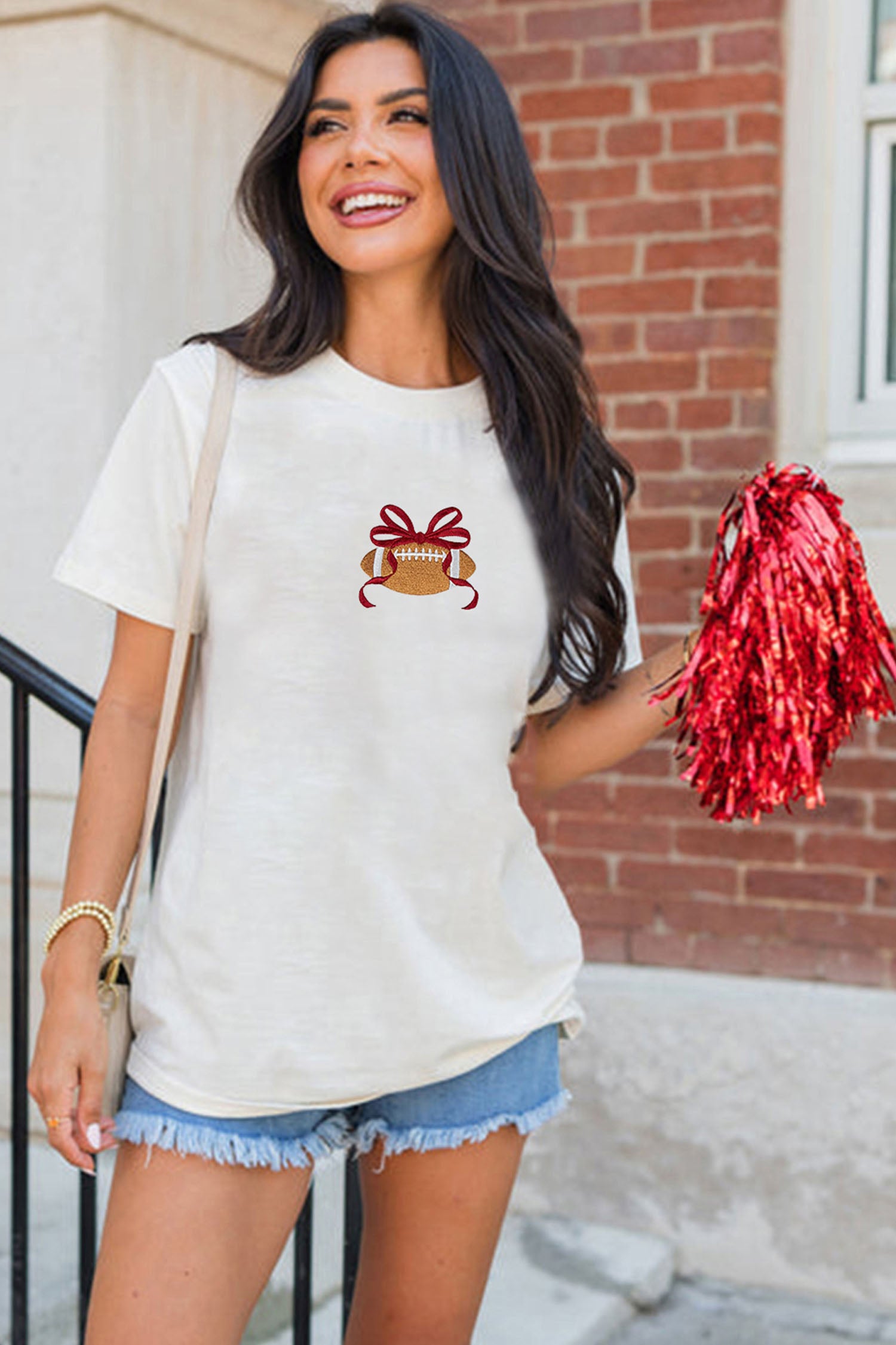 Embroidered Bow Rugby Graphic Casual T-Shirt – White