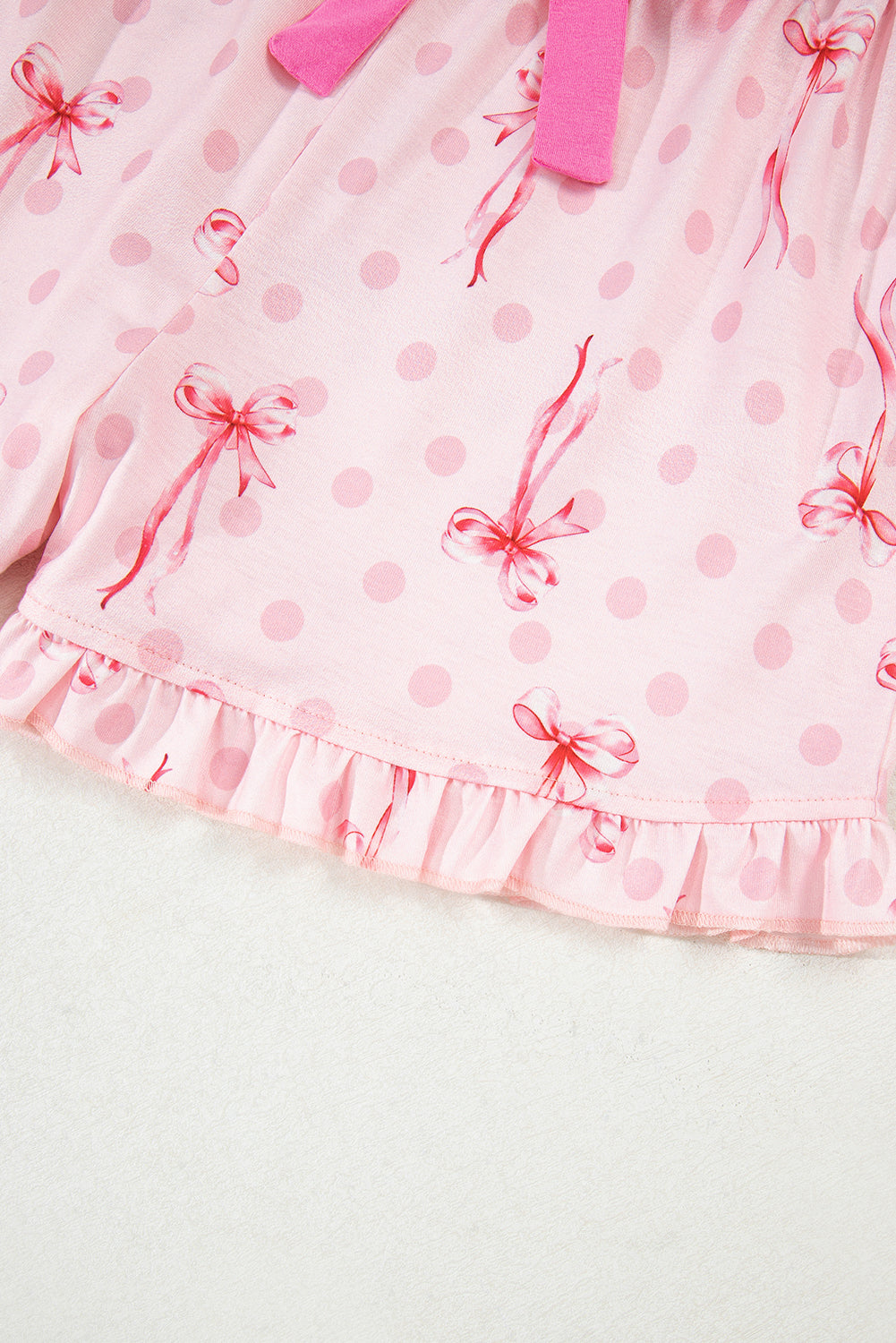 Pink Bow Print Contrast Pipping Short Pyjamas Set eAura