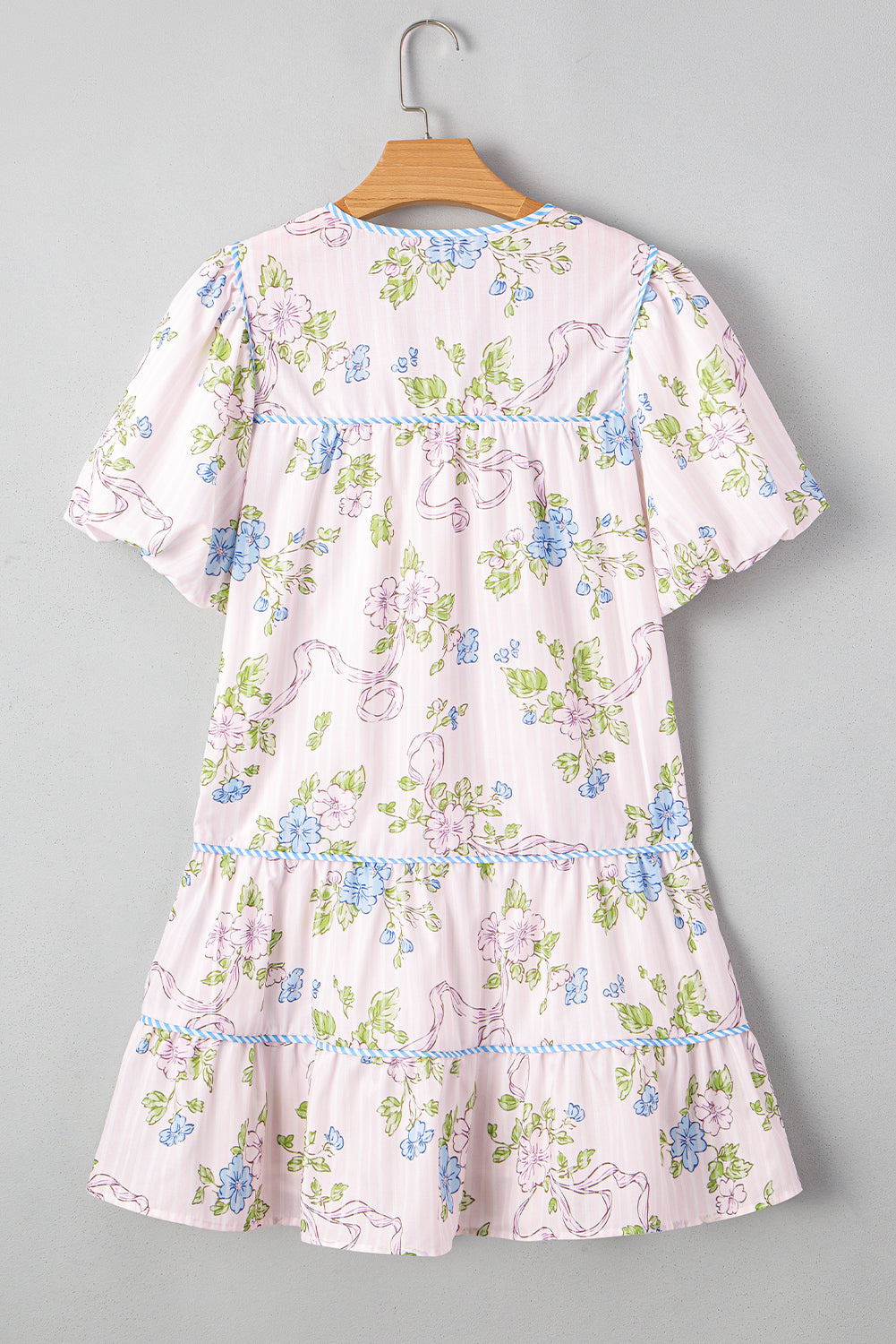 Floral Striped Print Contrast Trim Tie Split Neck Mini Dress eAura