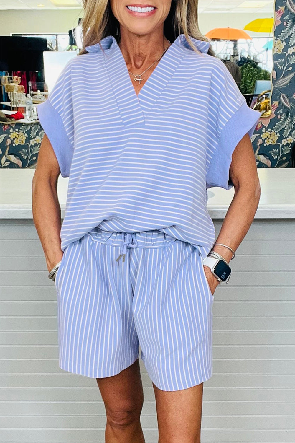 Sky Blue Stripe Dolman Sleeve Polo Shirt and Drawstring Shorts Set eAura